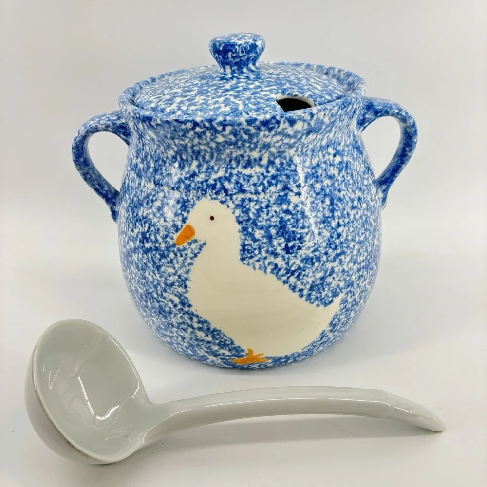 N.S. Gustin Ceramic Goose Jar Ladle Blue Spongeware Stipple Duck Cottagecore